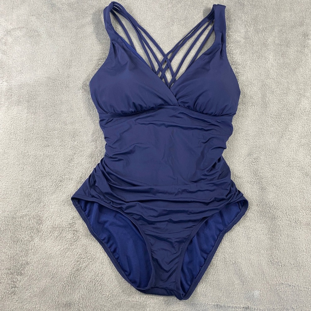 Jantzen One Piece Swimsuit Womens 10 Navy Blue Ruched Surplice Strappy Back